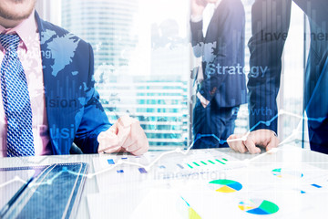 Business abstract background double exposure graph, chart and diagram. World wide map and. Global business and financial trading concept.