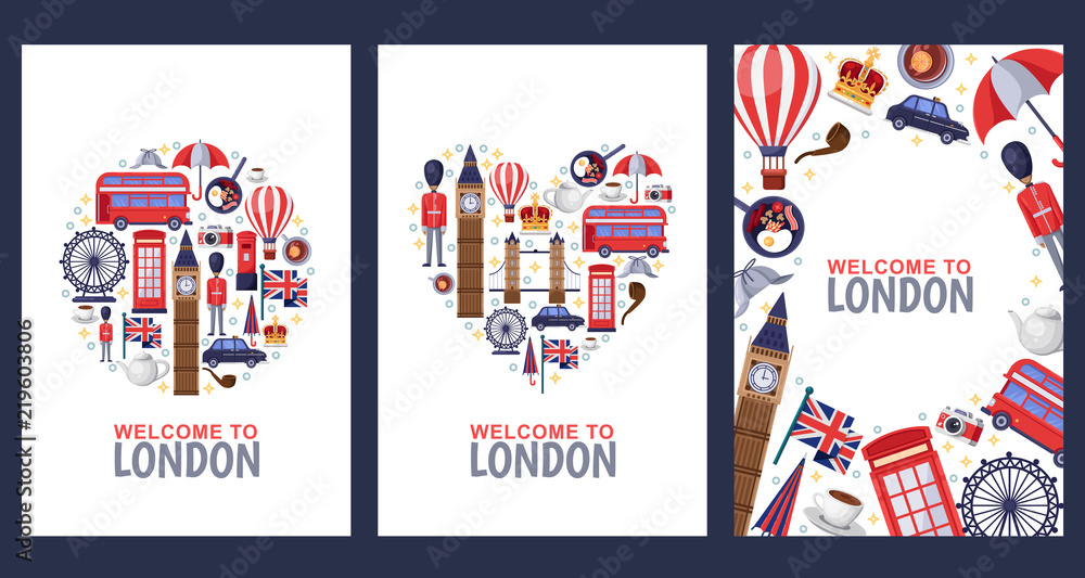 Welcome to London greeting souvenir cards, print or poster design template. Travel to Great Britain flat illustration. - obrazy, fototapety, plakaty 