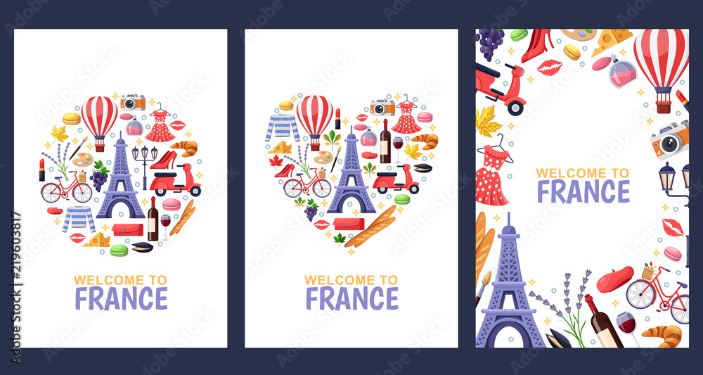 Welcome to France greeting souvenir cards, print or poster design template. Travel to Paris flat illustration. - obrazy, fototapety, plakaty 