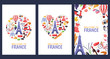 © Qualit Design - Welcome to France greeting souvenir cards, print or poster design template. Travel to Paris flat illustration.