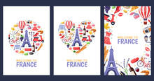 Welcome To France Greeting Souvenir Cards, Print Or Poster Design Template. Travel To Paris Flat Illustration.