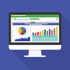 spreadsheet on computer screen flat icon. financial accounting report concept. office things for pla