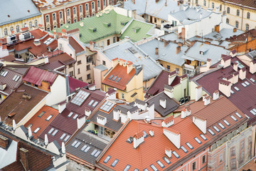 Beautiful roofs of a an medival European city Lviv, Ukraine, view from above