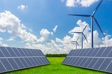 Wall Mural - Solar panels and wind turbines on vast grasslands