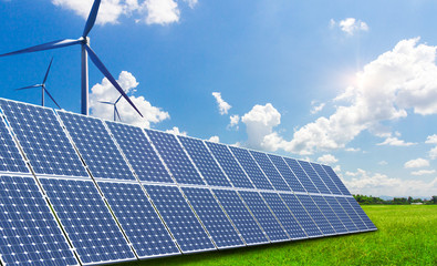 Wall Mural - Solar and wind power equipment on vast grasslands