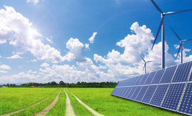 Wall Mural - Solar and wind power equipment on vast grasslands