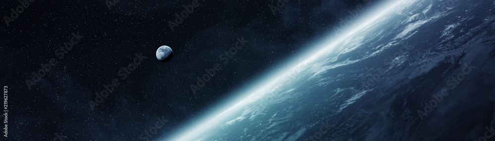 Panoramic view of planet Earth with the moon 3D rendering elements of this image furnished by NASA - obrazy, fototapety, plakaty 