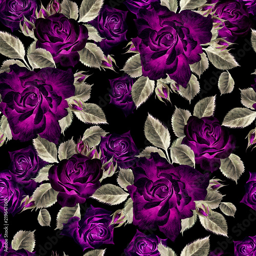 Watercolor pattern with roses  flowers and leaves .