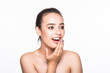 © dianagrytsku - Perfect Spa Woman Surprise Holds Cheeks by Hand. Facial treatment. Cosmetology, beauty, skin care and spa