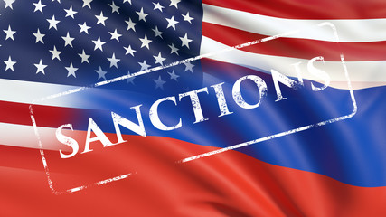 Wall Mural - 3D text Sanctions on a background with a flag of Russia. Waved highly detailed fabric texture. 3D illustration.