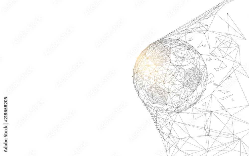 Soccer ball in goal from lines and triangles, point connecting network on blue background. Illustration vector - obrazy, fototapety, plakaty 