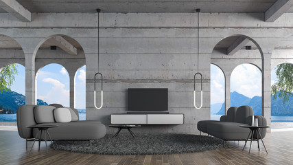 Wall Mural - Modern loft living room concrete wall 3d rendering