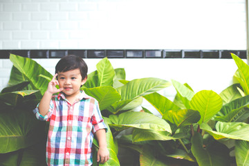 outdoor portrait of a cute little asian boy smiling in the park