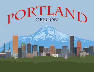 Portland Oregon Skyline with text and background Poster vector Illustration