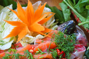 salmon dish prepare for hot pot Vietnam style at Sapa town       