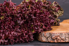 Curly Purple Lettuce And Cut Board. Close Up. Cooking Salad.