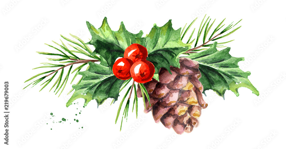 Christmas and New Year symbol decorative Holly berry with pine cone and ...
