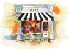 European Retro Restaurant Or Cafe Watercolor Illustration