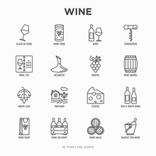 Wine Thin Line Icons Set: Corkscrew, Wine Glass, Cork, Grapes, Barrel, List, Decanter, Cheese, Vineyard, Bucket, Shop, Delivery. Modern Vector Illustration.