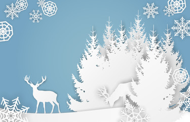 Wall Mural - vector paper cut style landscape with deers, forest and snowflakes on blue background