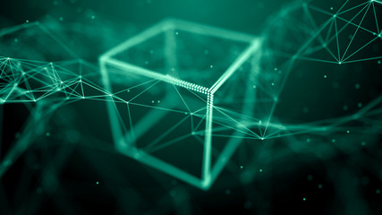 Poster - Block chain network concept. Big Data. Background made of line, circles and particles. 4k rendering.
