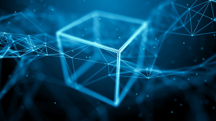 Poster - Block chain network concept. Big Data. Background made of line, circles and particles. 4k rendering.
