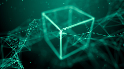 Poster - Block chain network concept. Big Data. Background made of line, circles and particles. 4k rendering.