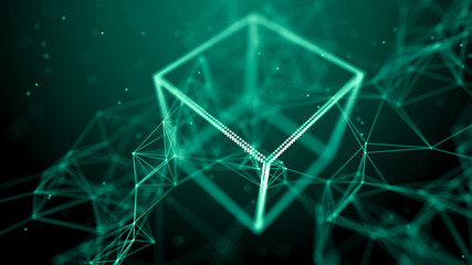 Poster - Block chain network concept. Big Data. Background made of line, circles and particles. 4k rendering.