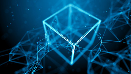 Poster - Block chain network concept. Big Data. Background made of line, circles and particles. 4k rendering.