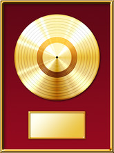 Gold Record Music Disc Award Inside The Golden Frame With A Red Background. Isolated On White Background.