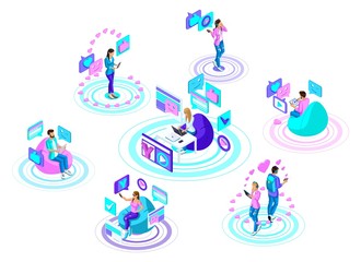 Wall Mural - isometric teenagers with modern gadgets, communicate in social networks and the internet. bright, co