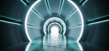 Fototapeta Perspektywa 3d - Sci-Fi Futuristic Round Cylinder Shaped Corridor With Led Blue And White Lights Glowing With Reflection Blue Material And White End Spaceship Interior Technology Concept 3D Rendering