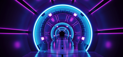 sci-fi futuristic abstract gradient blue purple pink neon glowing circle round corridor on reflectio
