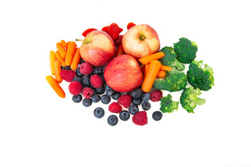 Assortment fruits and vegetables isolated on white background.