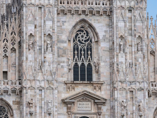 Milan, Italy - June 2018 : Famous Milan Cathedral (Duomo di Milano), view of the architecture detail