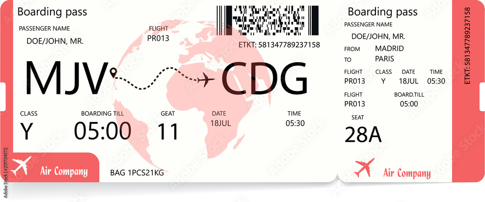 Red boarding pass. Airplane ticket isolated on white background. Vector illustration. - obrazy, fototapety, plakaty 