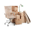 © New Africa - Cardboard boxes and household stuff on white background. Moving day