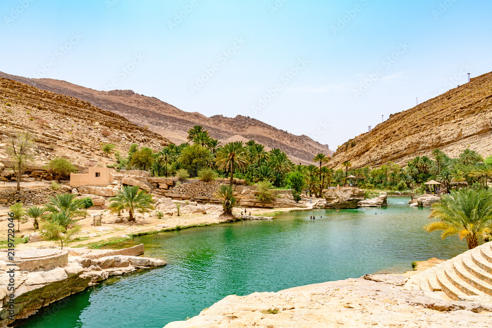 Wadi Bani Khalid in Oman. It is located about 203 km from Muscat ant 120 km from Sur. - obrazy, fototapety, plakaty 