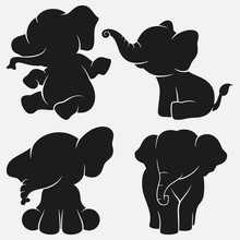 Set Of Elephant Silhouettes Cartoon With Different Poses And Expressions