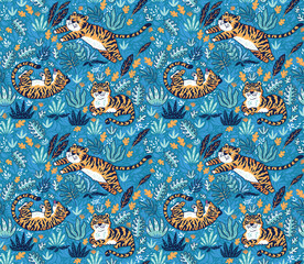 Wall Mural - Cute tigers playing together seamless pattern. Tropical vector surface background