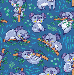 Wall Mural - Fun koalas in the eucalyptus seamless pattern. Vector illustration