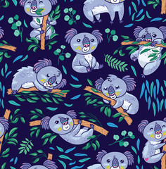 Wall Mural - Fun koalas in the eucalyptus seamless pattern. Hand drawn vector illustration