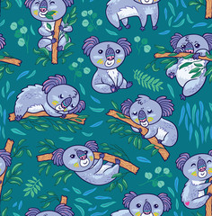 Wall Mural - Fun koalas in the eucalyptus seamless pattern. Hand drawn vector illustration