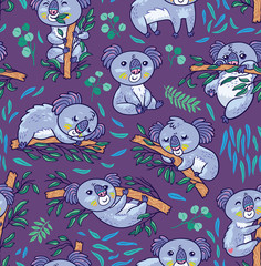 Wall Mural - Fun koalas in the eucalyptus seamless pattern. Vector illustration