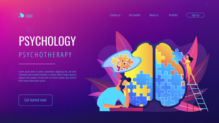 Sticker - Man doing human brain puzzle. Psychology and psychotherapy landing page. Mental healing and wellbeing, therapist counselling, mental difficulties. Vector illustration on ultraviolet background.