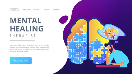 Man doing human brain puzzle. Mental healing therapist landing page. Psychology and psychotherapy, therapist counselling and mental difficulties. Vector illustration on ultraviolet background.