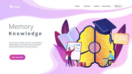 Wall Mural - Brain with magnigier and academic cap and user learning. Memory and knowledge landing page. Learning style and brain process, education and training concept, violet palette. Vector illustration.