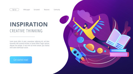 Sticker - Open book, user flying in space among planets. Inspiration and creative thinking landing page. Imagination and vision, fantasy, motivation concept. Vector illustration on ultraviolet background.