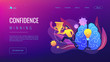 Brain with bulb and user carrying cup. Confidence and winning concept landing page. Challenge and move for success, motivation and goals achievement. Vector illustration on ultraviolet background.