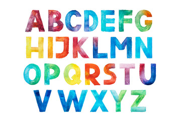 colorful watercolor aquarelle font type handwritten hand draw abc alphabet letters.